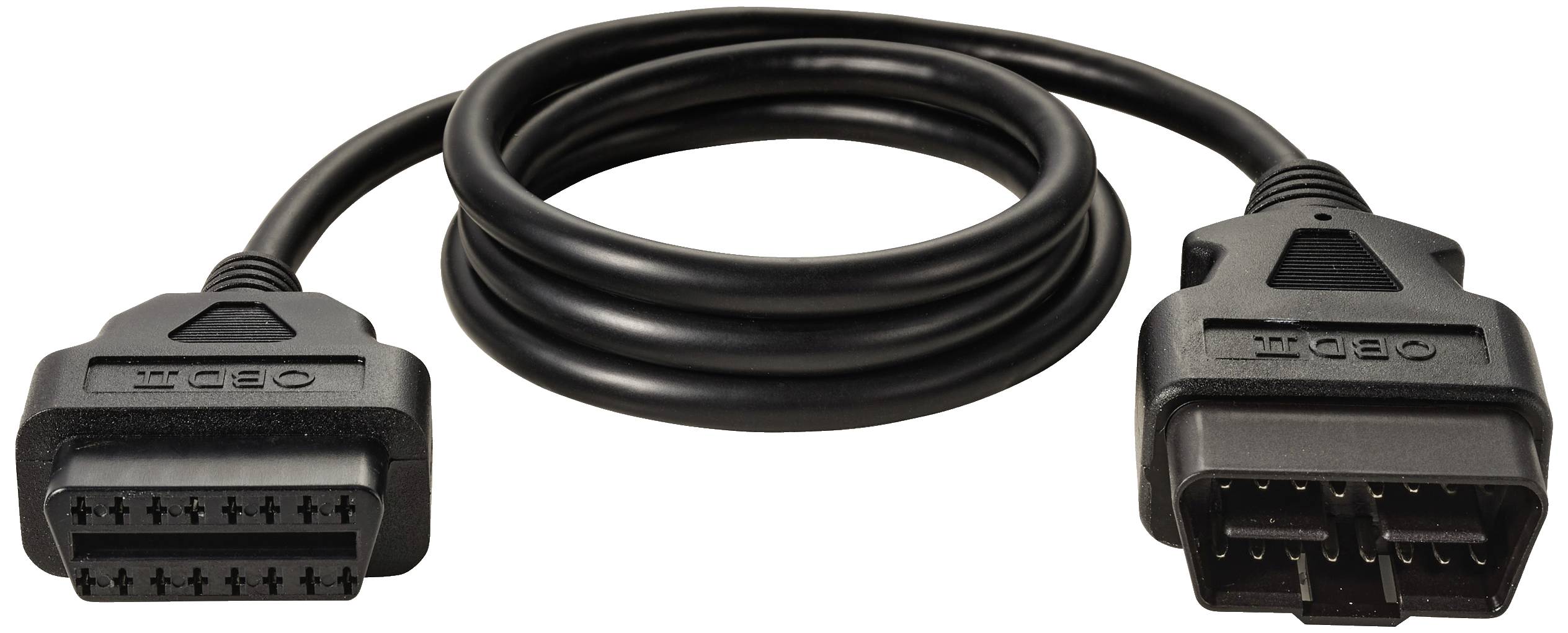 OBD-II kabel v černé barvě se dvěma obdélníkovými konektory na koncích, používaný pro diagnostiku vozidel.