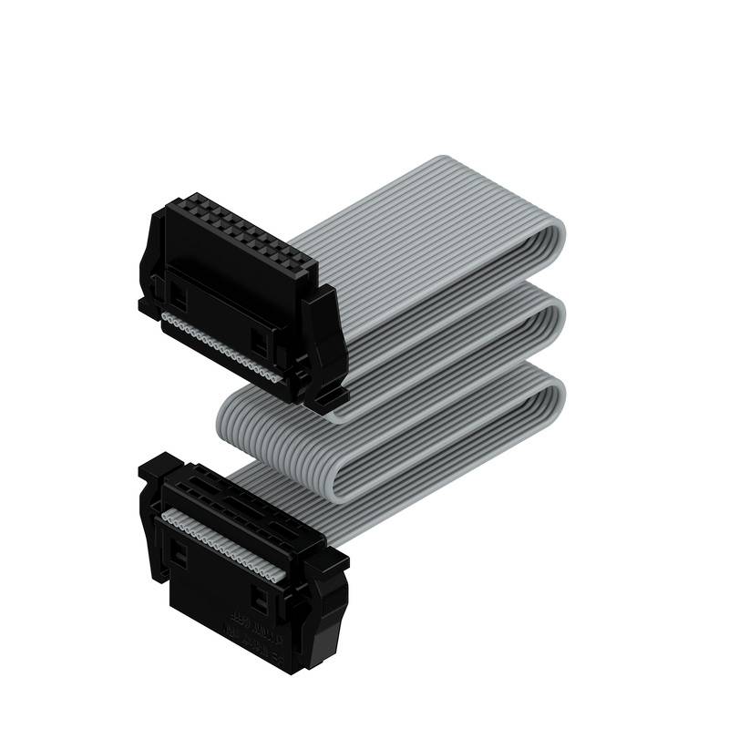 Šedý, skládaný plochý kabel s černými konektory na obou koncích. Vhodný pro přenos dat v elektronických zařízeních.