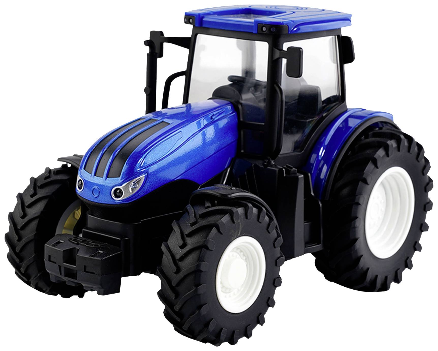 Modrý hračkový traktor s velkými černými koly a bílými ráfky, ideální pro dětskou hru.