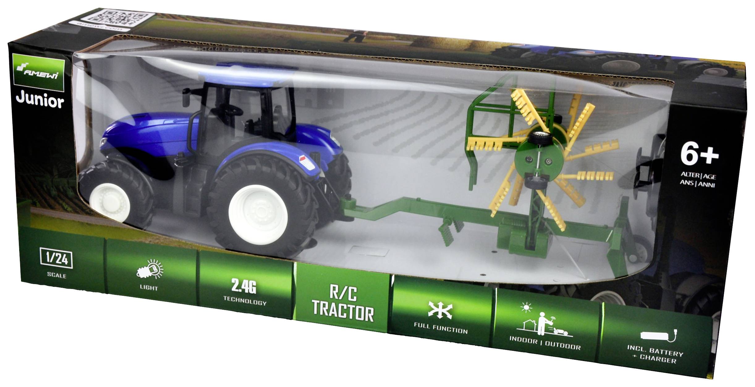 Hračka RC traktor v modré a zelené barvě v balení, vhodný pro děti od 6 let. Funkce: technologie 2,4G a nabíječka v balení.