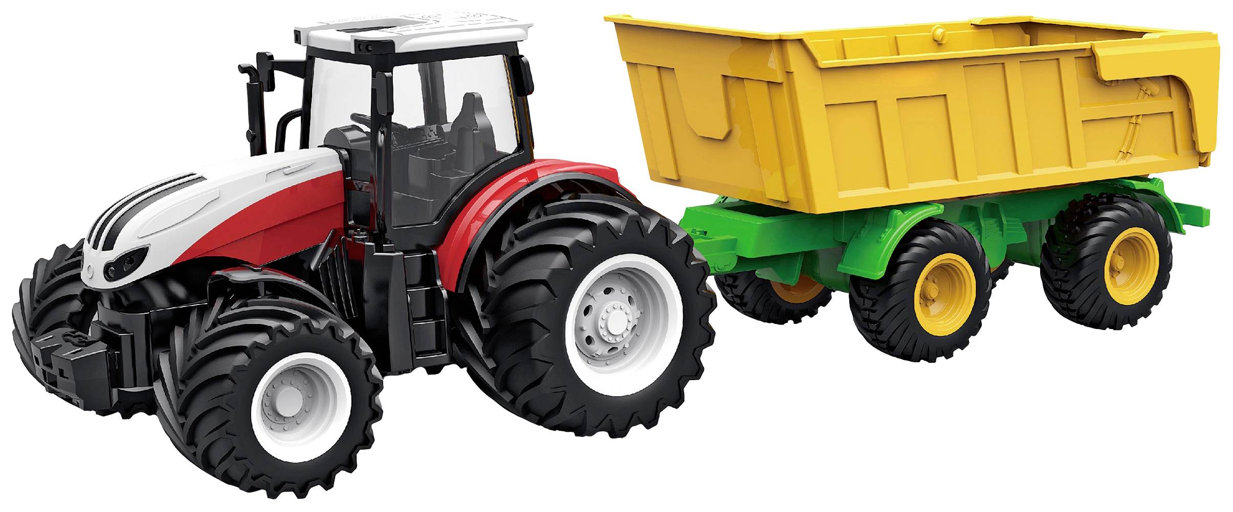 Červený hračkářský traktor táhne žlutý přívěs. Traktor má velká kola a je detailně zpracovaný.