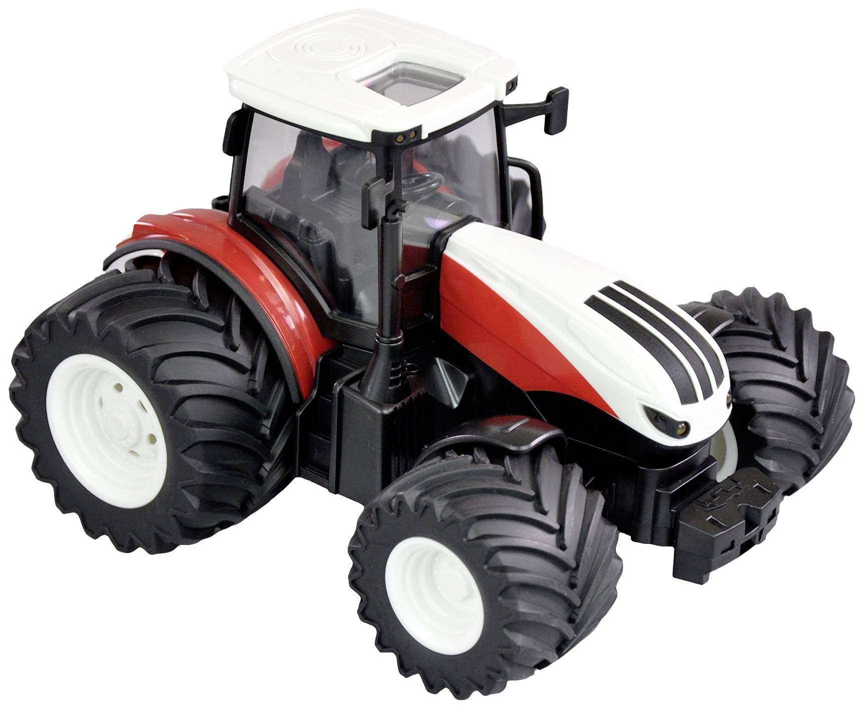 Hračkový traktor v červeno-bílé barvě s velkými koly, detailním designem a viditelným sedadlem řidiče, umístěný na bílém pozadí.