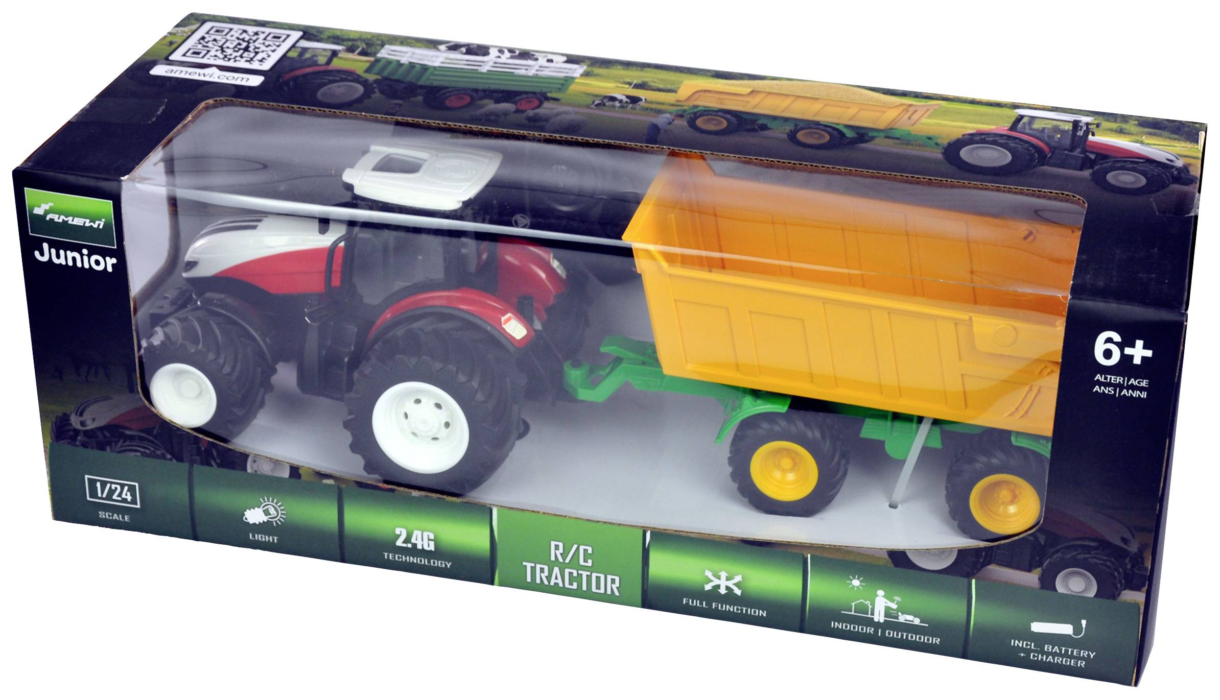Modelový traktor s přívěsem v balení. Vhodný pro děti od 6 let. Měřítko 1:24. Dálkové ovládání 2,4G součástí.