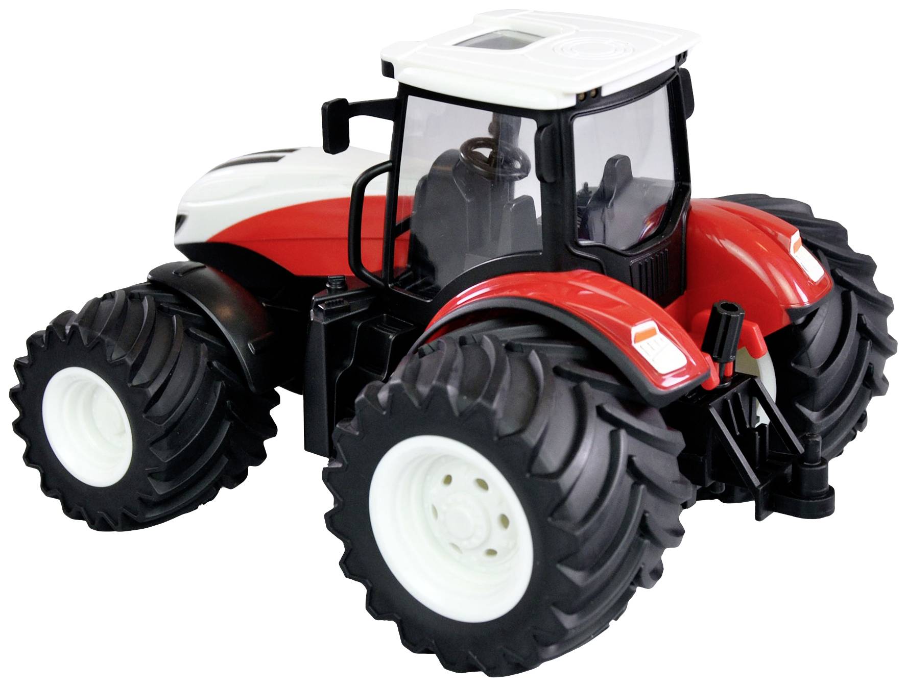Červený a bílý hračkový traktor s velkými černými koly.
