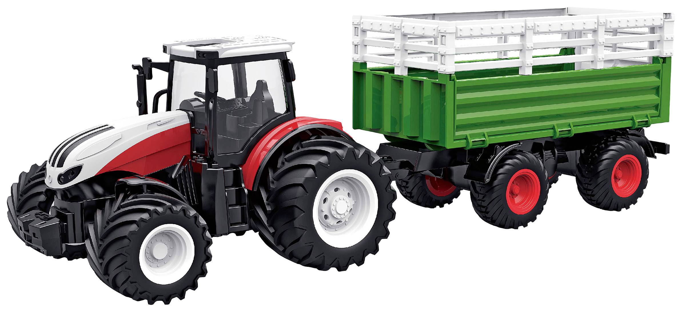 Hračkový traktor s červenou karoserií táhne zelený přívěs s bílými dřevěnými latěmi. Oba mají velká černá kola.