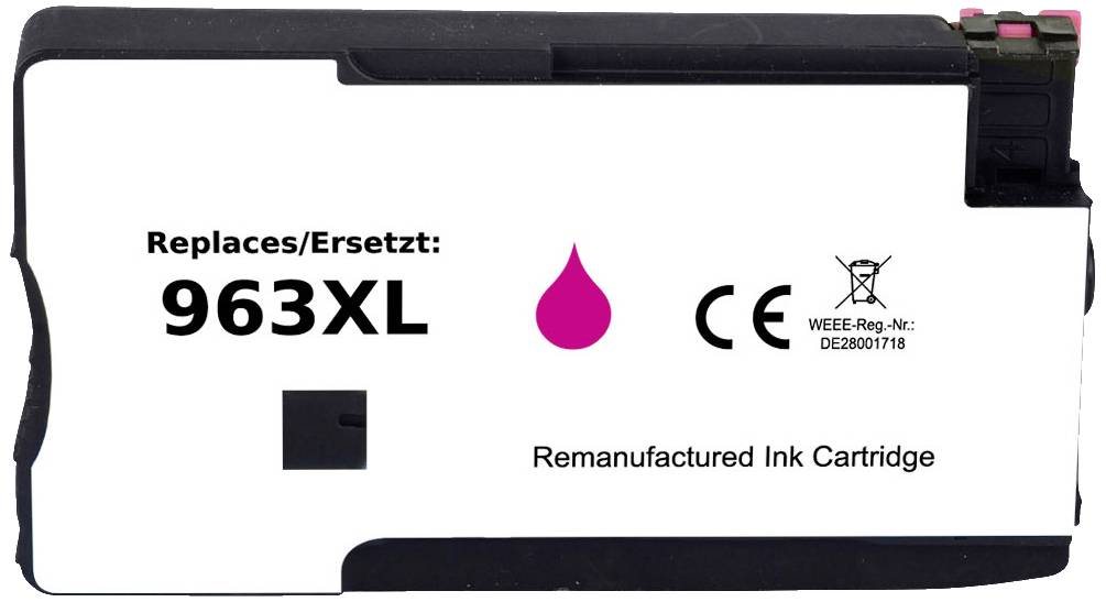 Náplň do tiskárny 963XL, náhrada za originál, obsahuje symbol stavu inkoustu, značku CE, registrační číslo WEEE: DE2800718.