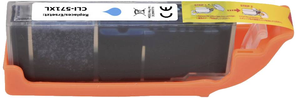 Černá inkoustová cartridge s oranžovým pouzdrem a modrou kapkovou značkou. Nahoře jsou viditelné bezpečnostní pokyny.