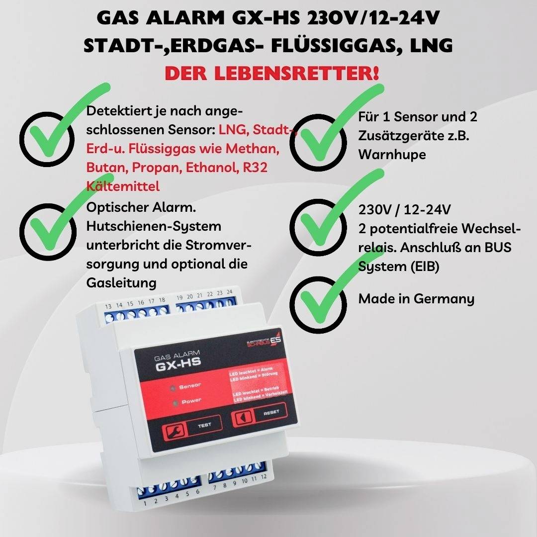 Plynový alarm GX-HS pro LNG, městský a zemní plyn. Detekuje plyny jako methan. Optická výstraha. Napájení 230V/12-24V. Vyrobeno v Německu.