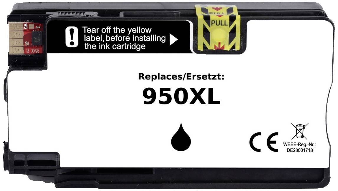 Inkoustová cartridge s nápisem 'Replaces/Nahrazuje: 950XL'. Varování: Před instalací odstranit žlutou nálepku. Označení CE.