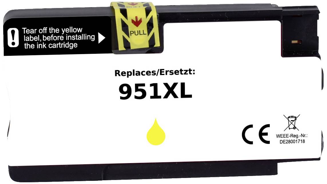 Tisková kazeta s nápisem 'Replaces/Ersetzt: 951XL'. Na žluté ochranné fólii je nápis 'PULL'. Označení CE je přítomno.