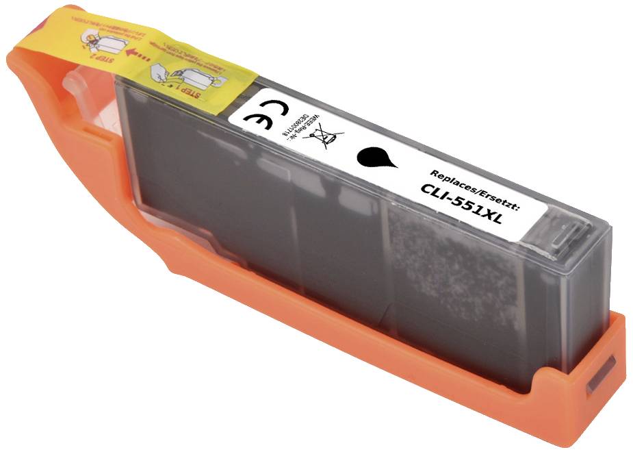 Černá tisková kazeta s nápisem 'CLI-551XL'. Nachází se v oranžovém držáku s žlutým štítkem.