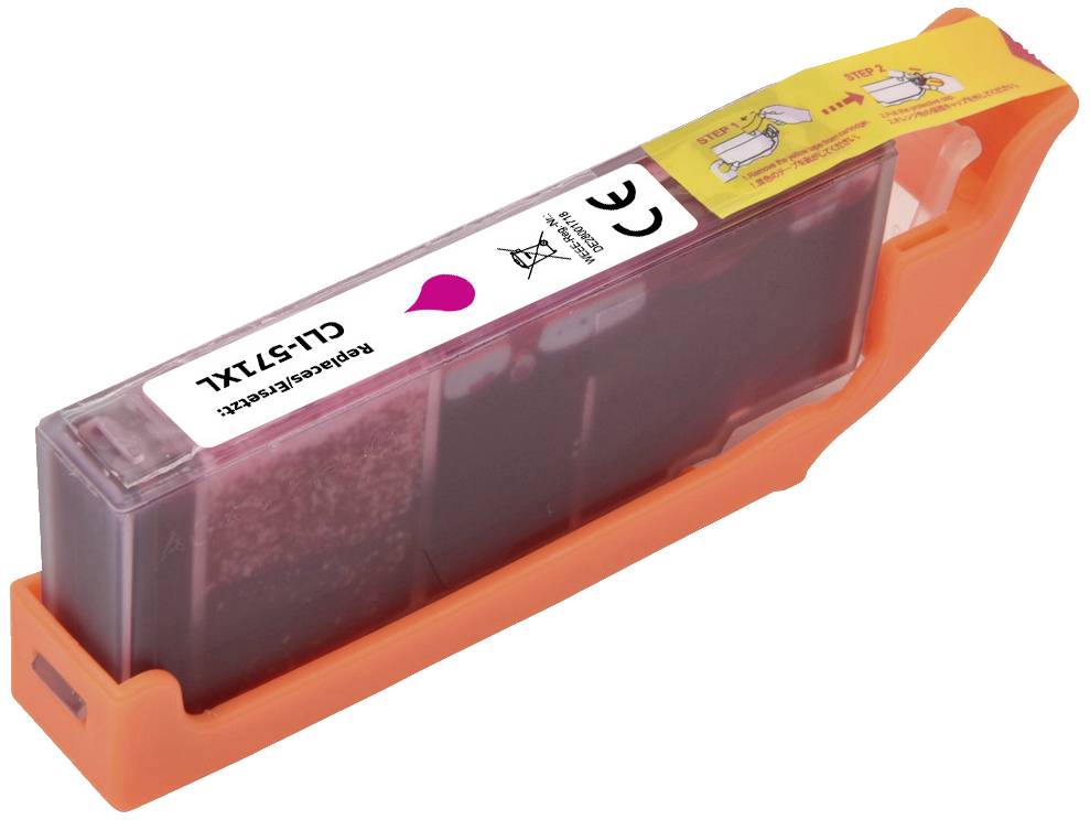 Prázdná inkoustová cartridge pro tiskárny Canon. Plastový kryt v oranžové barvě s černou inkoustovou náplní, štítek zobrazuje modelové číslo CL-571XL.