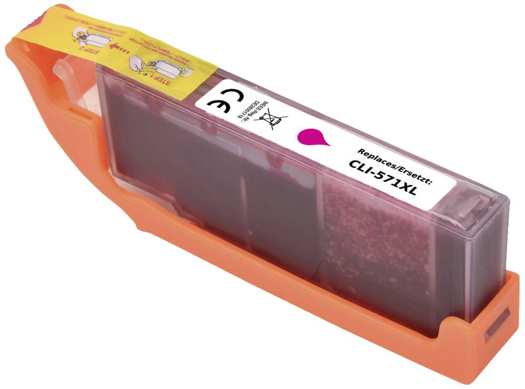 Oranžová tisková cartridge s nápisem 'CLI-571XL' v tmavé purpurové barvě. Vhodná pro specifické modely tiskáren.