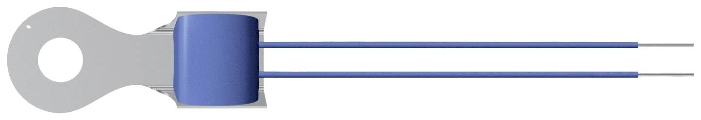 Modrý válcový elektrický kondenzátor se dvěma vyčnívajícími vodiči je namontován na šedém držáku.