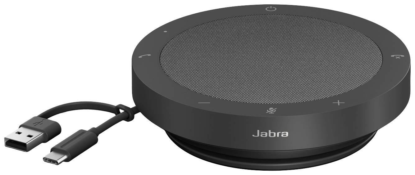 Černý Jabra hands-free reproduktor s USB a USB-C připojovacími kabely, ideální pro konferenční hovory a meetingy.