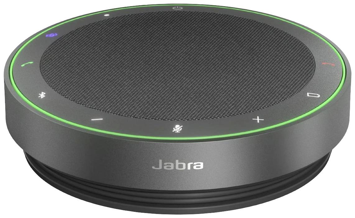 Kulatý reproduktor hands-free se ovládacími prvky na horní straně. Název značky 'Jabra' viditelný na přední straně.