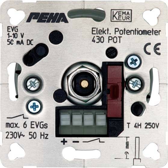 Elektronický potenciometr 'PEHA' s různými přípoji a možnostmi nastavení, vhodný pro 230V, 50 Hz, max. 6 elektronických předřadníků.