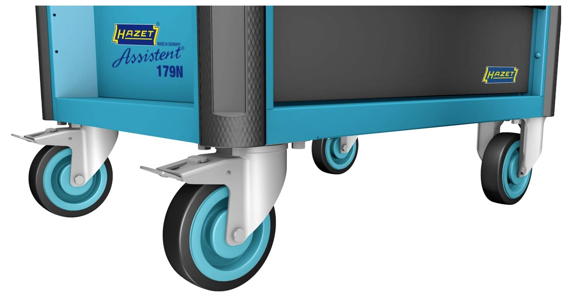 Modrý vozík na nářadí se čtyřmi stabilními kolečky, s nápisem 'Hazet Assistent 179N'. Ideální pro mobilitu v dílně a uchovávání nářadí.