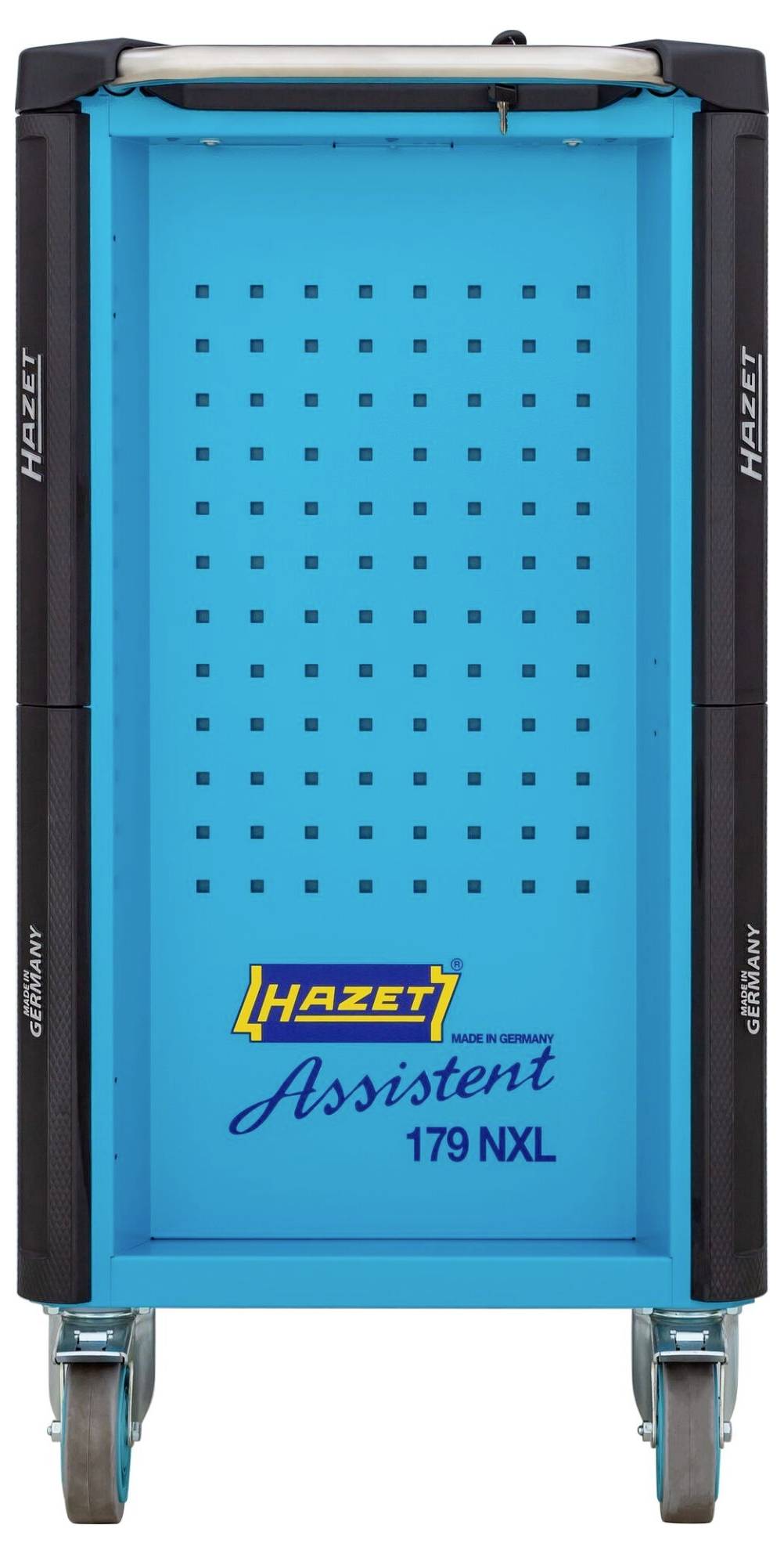 Modrý montážní vozík, pohled zepředu s viditelným logem a modelem 'Hazet Assistent 179 NXL', umístěný na kolečkách.