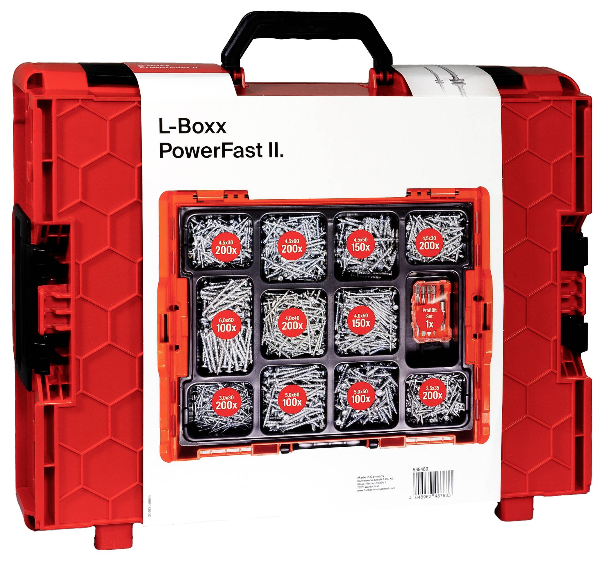 Červený kufřík na nářadí 'L-Boxx PowerFast II.' s několika přihrádkami, naplněný různými šrouby, zobrazený na obrázku. Ideální pro kutily.