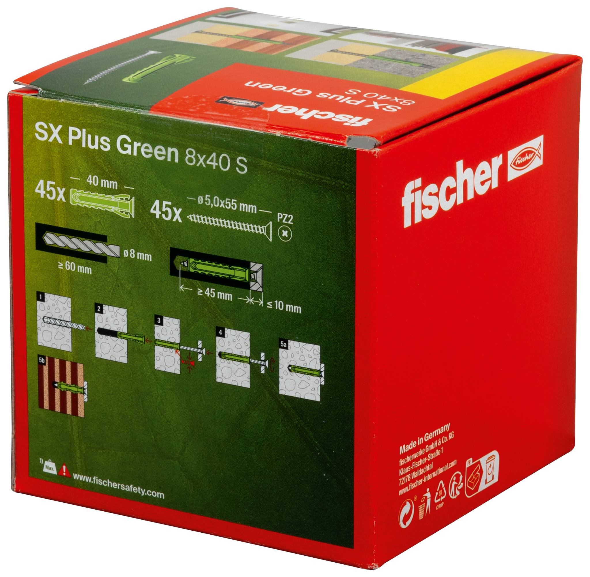 Červený obal Fischer SX Plus Green 8x40 S hmoždinek s grafickým montážním návodem v zelené a bílé barvě na obalu.