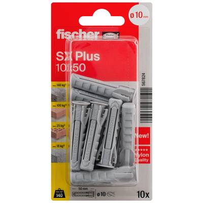 Balení Fischer SX Plus 10x50 - 10 šedých nylonových hmoždinek v průsvitném blistrovém balení pro otvory o průměru 10 mm.