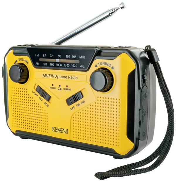 Schwaiger  RADK0001 outdoorové rádio, FM, AM, FM, nouzové rádio, USB, FM, SV, Ruční klika, Solární panel, voděodolné, nárazuvzdorné, stolní lampa, žlutá, černá