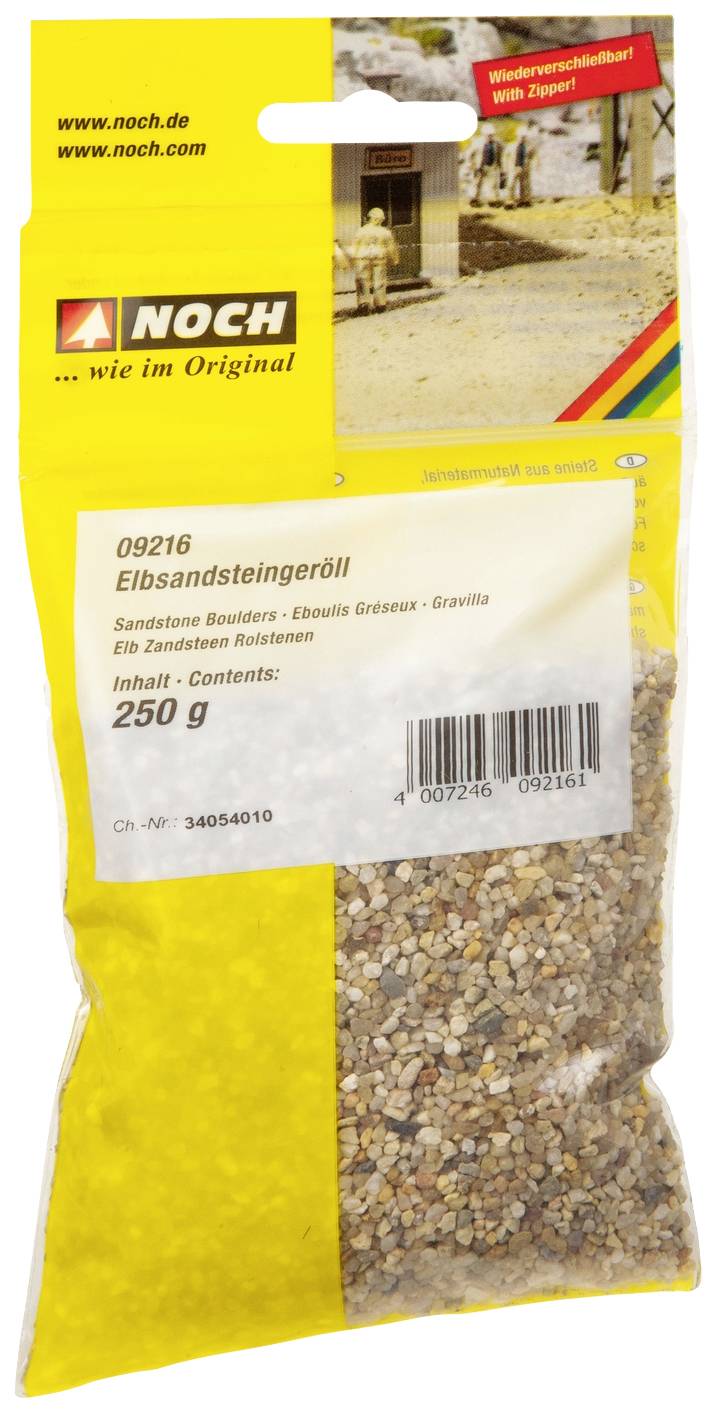 Sáček s 250 g říčního pískovcového štěrku od firmy NOCH, obsahuje pískovec pro modelářství. Balení v žluté barvě s obrázkem a informacemi o obsahu.