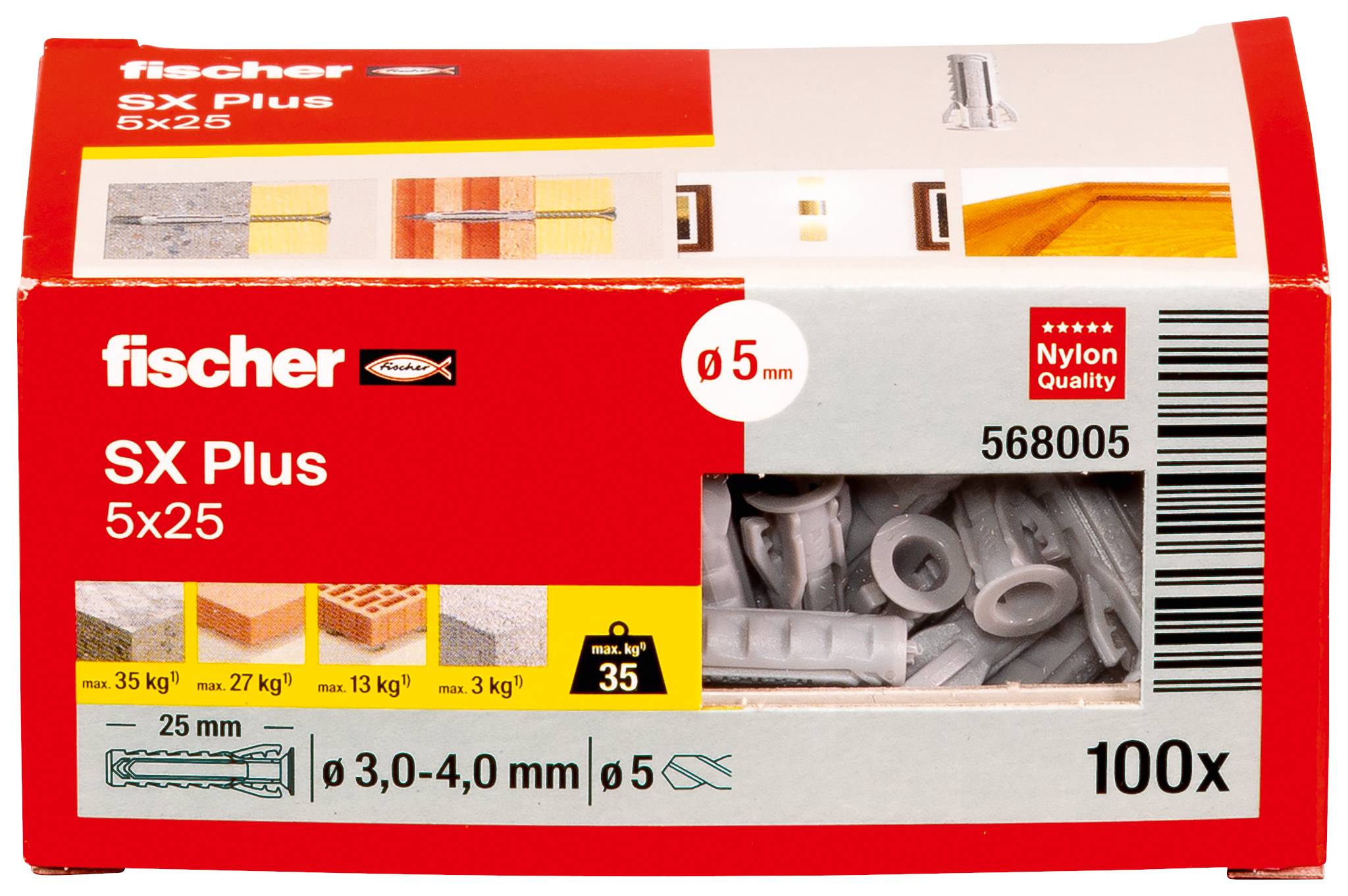 Karton s hmoždinkami Fischer 'SX Plus 5x25', 100 kusů. Obrázek ukazuje montážní návod se šrouby a hmoždinkami. Vyrobeno v Německu.
