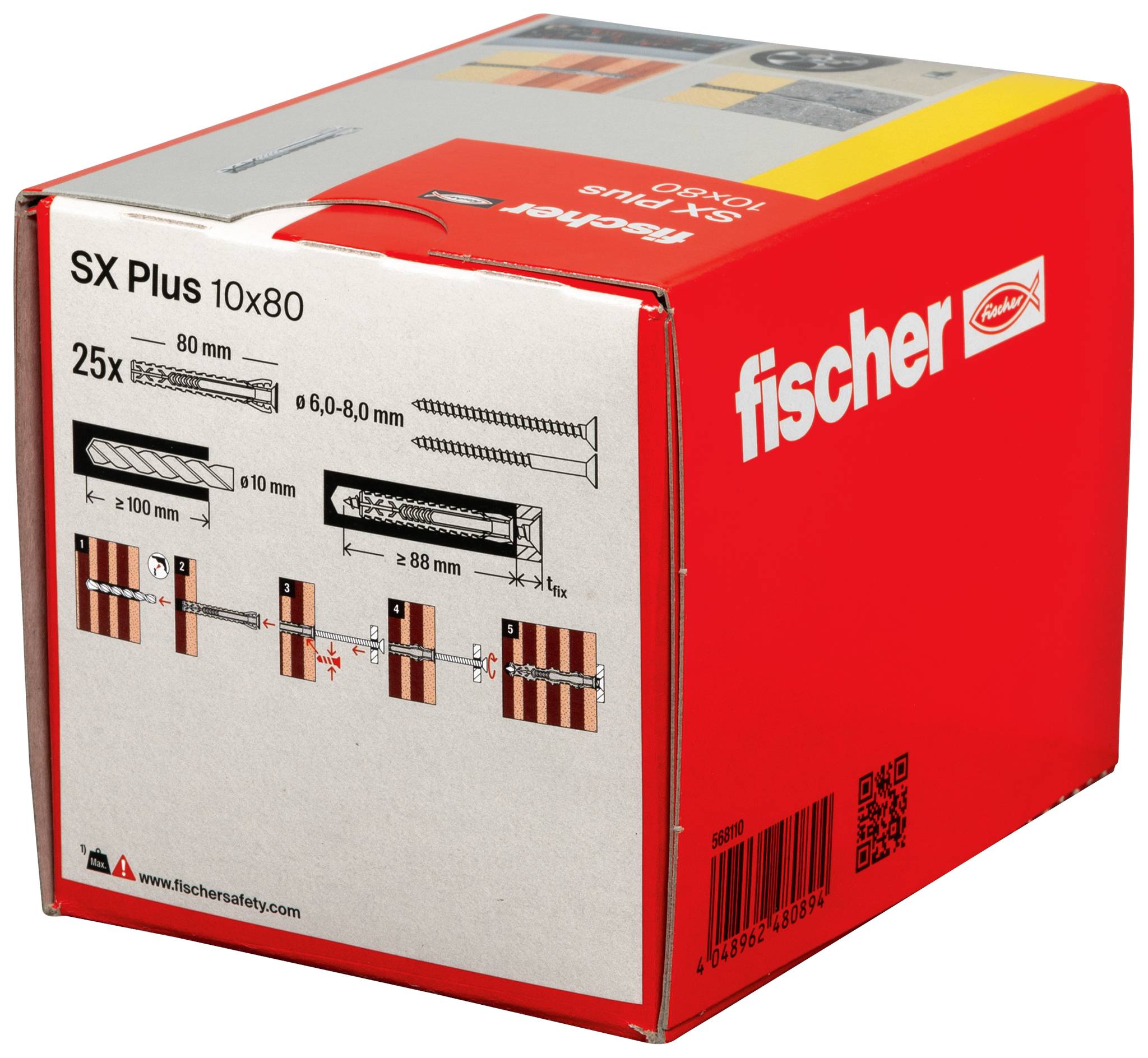 Červený obal Fischer s potiskem 'SX Plus 10x80'. Obsahuje 25 hmoždinek z nylonové kvality. Zvýrazňuje tabulku nosnosti pro různé materiály.