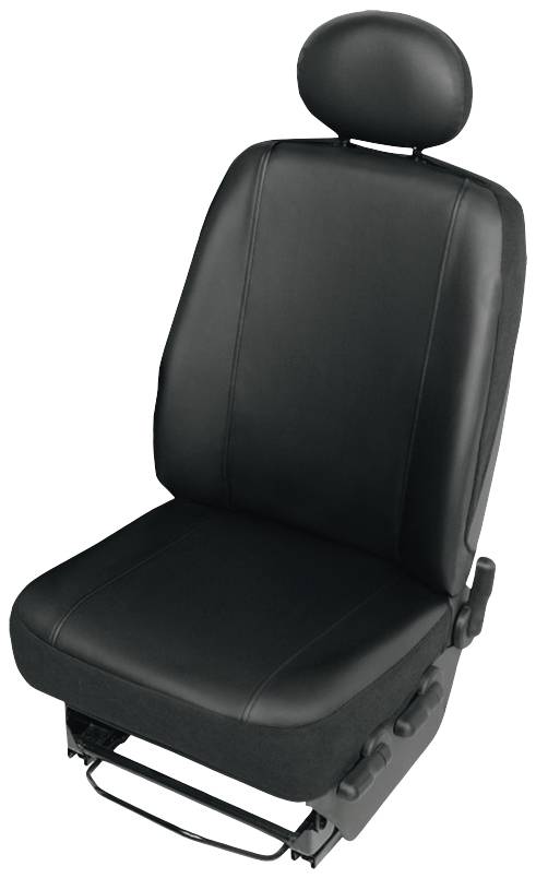 Černé autosedadlo s opěrkou hlavy a opěrkami rukou. Sedadlo má hladký povrch a zdá se být ergonomicky tvarované.