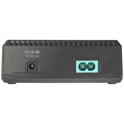 Zadní strana elektrického zařízení s 12V/DC 3A napájecím vstupem a dvoupólovým zeleným konektorem.