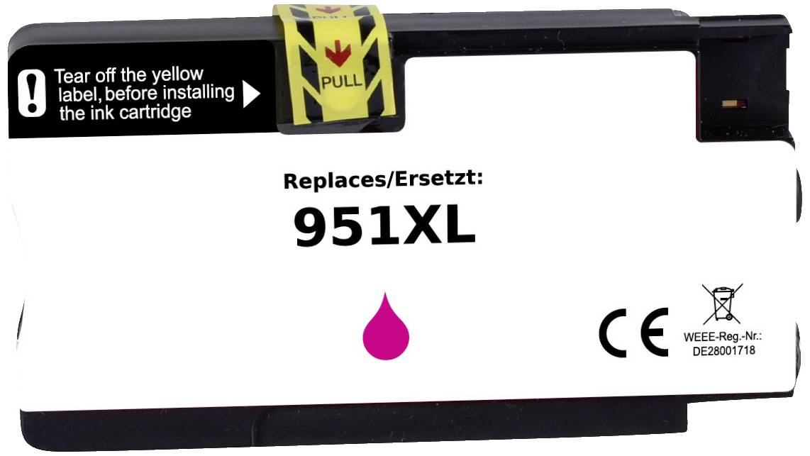 Inkoustová kazeta s nápisem 'Replaces/Nahrazuje: 951XL', žlutou nálepkou 'PULL' pro odstranění a růžovým symbolem kapky.