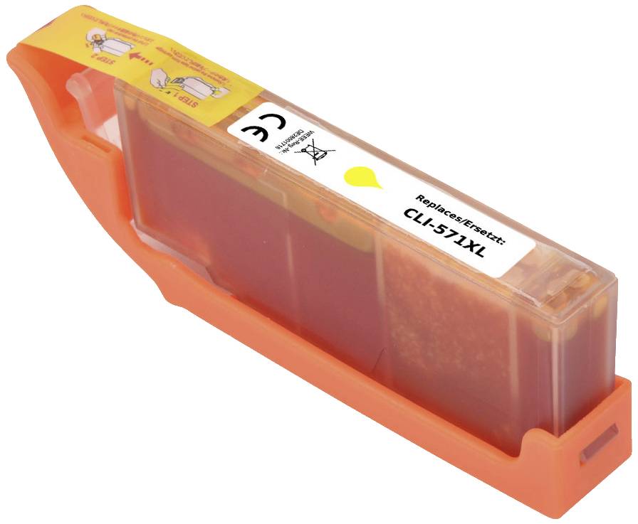 Žlutá tisková kazeta s etiketou "Replace Empty" a číslem modelu "CLI-571XL".