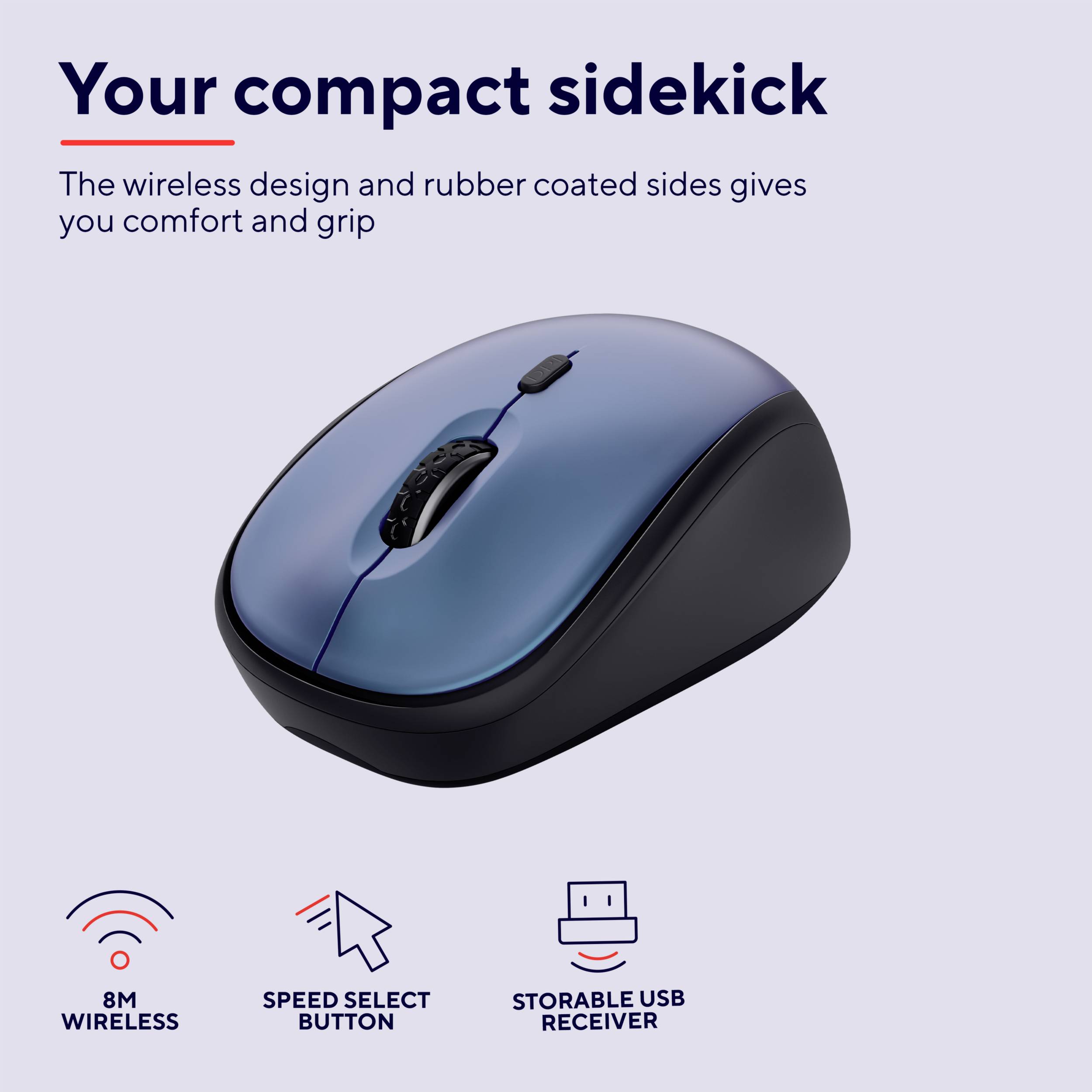 Bezdrátová myš s modrým ergonomickým designem a gumovými stranami pro pohodlí. Funkce: dosah 8 m, volitelná tlačítka, USB přijímač.