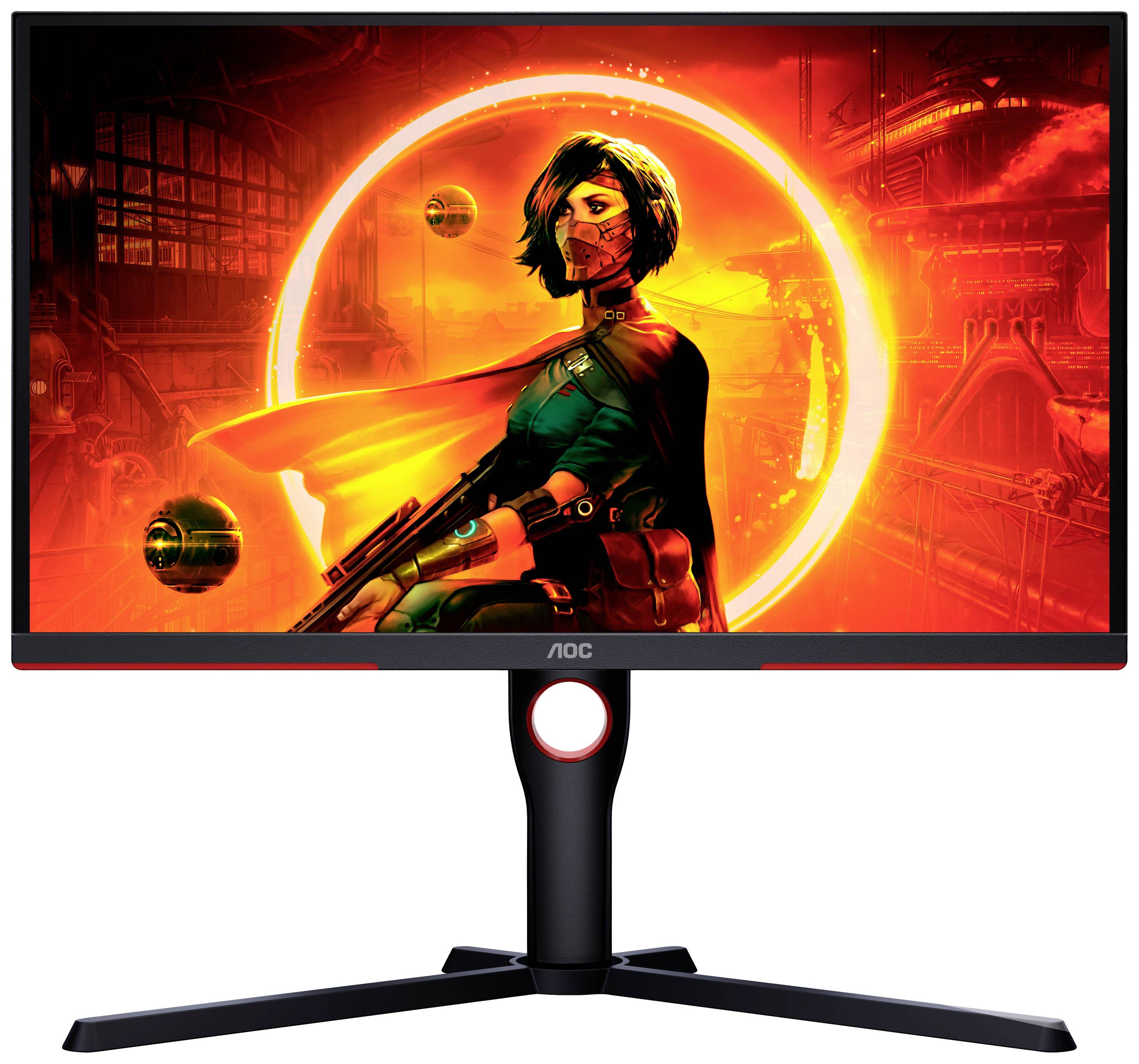 Monitor zobrazuje grafické umělecké dílo futuristické ženy s pláštěm, červeným pozadím a kruhovým světelným efektem za její postavou.