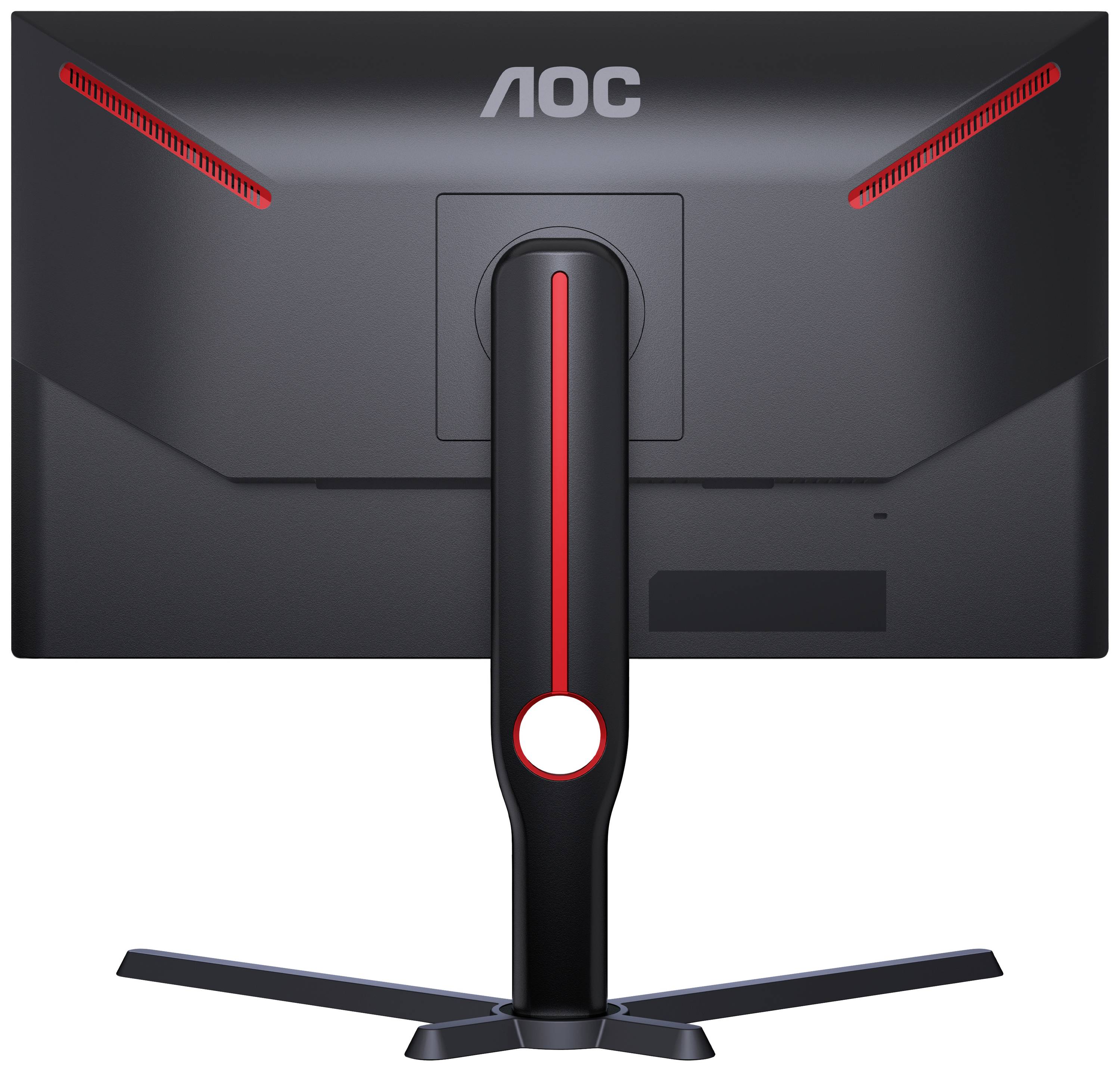 Černý počítačový monitor zezadu, s červenými akcenty a elegantním stojanem od značky AOC.