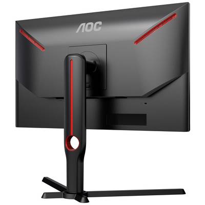 Počítačový monitor AOC pohledem zezadu, ukazující moderní design s červenými akcenty a štíhlou základnou.