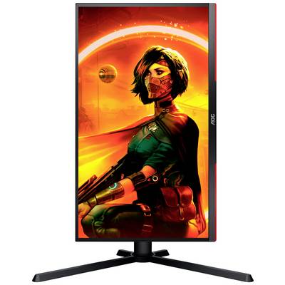 Vertikální herní monitor zobrazuje sci-fi postavu v oranžovo-červené barevné paletě, futuristicky a detailně zpracovanou.
