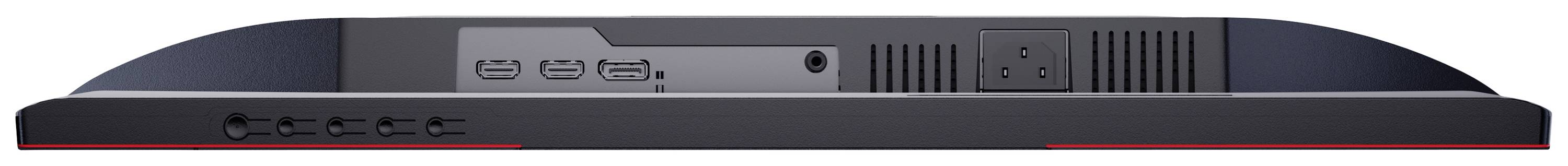 Zadní pohled na monitor s několika porty, včetně HDMI a USB, a větracími otvory.