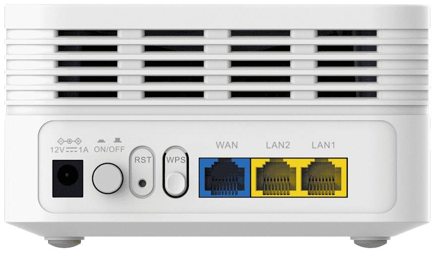 Zadní pohled na bílý router s konektory: napájení, resetovací tlačítko, WPS tlačítko, WAN port a dva LAN porty.