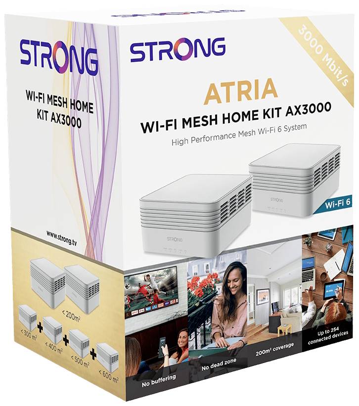 Balení STRONG Wi-Fi Mesh Home Kit AX3000: Dva bílé bezdrátové routery, podtitul k Wi-Fi 6, rychlost až 3000 Mbit/s.