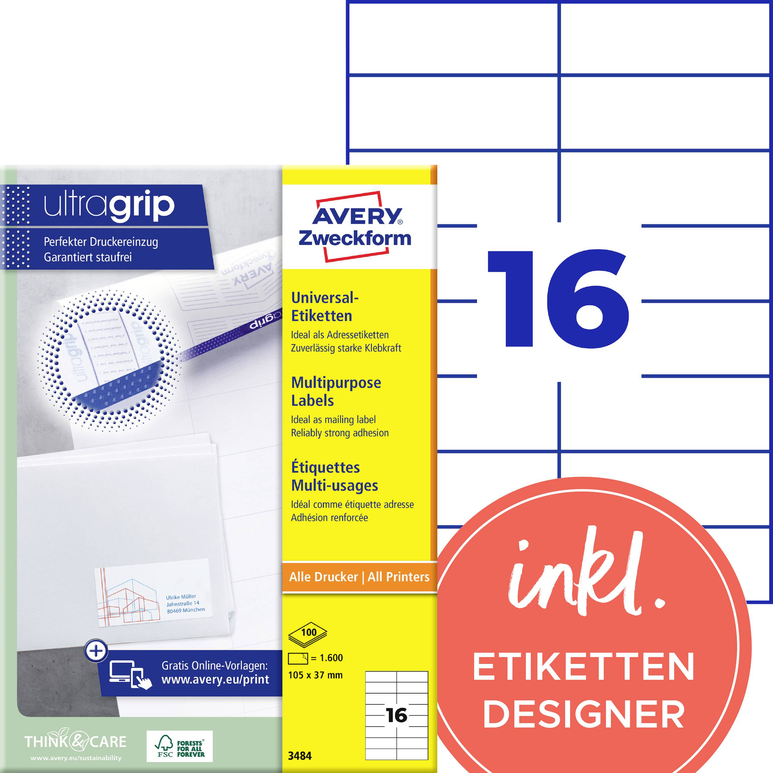 Avery Zweckform Univerzální štítky balení pro všechny tiskárny, velikost 105 x 37 mm, 1 600 štítků, 16 na list, se značkou "inkl. ETIKETTEN DESIGNER".