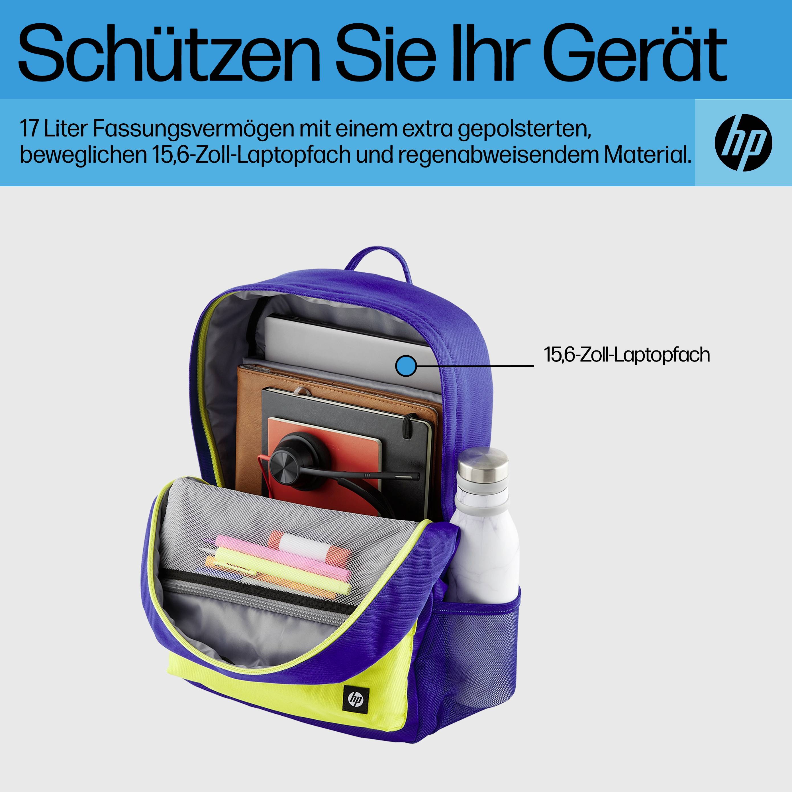 Otevřený batoh s přihrádkou na 15,6palcový notebook. Text: 'Chraňte své zařízení'. Vhodný pro 17 litrů, extra polstrovaný, voděodolný.
