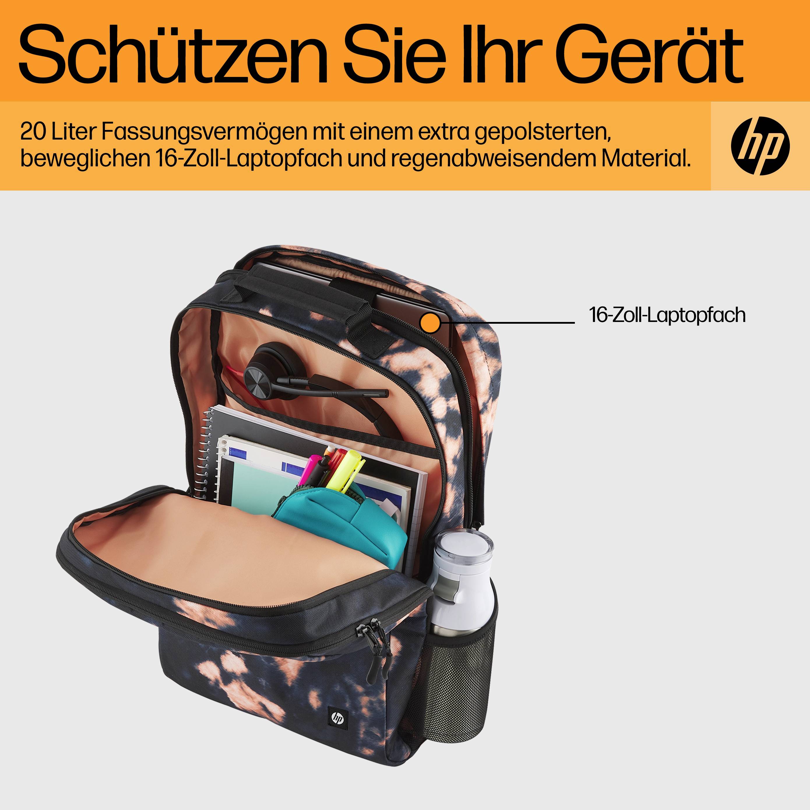 Batoh s otevřeným přihrádkou ukazuje 16palcové laptop pouzdro, vypolstrované; vedle ochranný text a logo HP; vhodný pro přepravu notebooku.