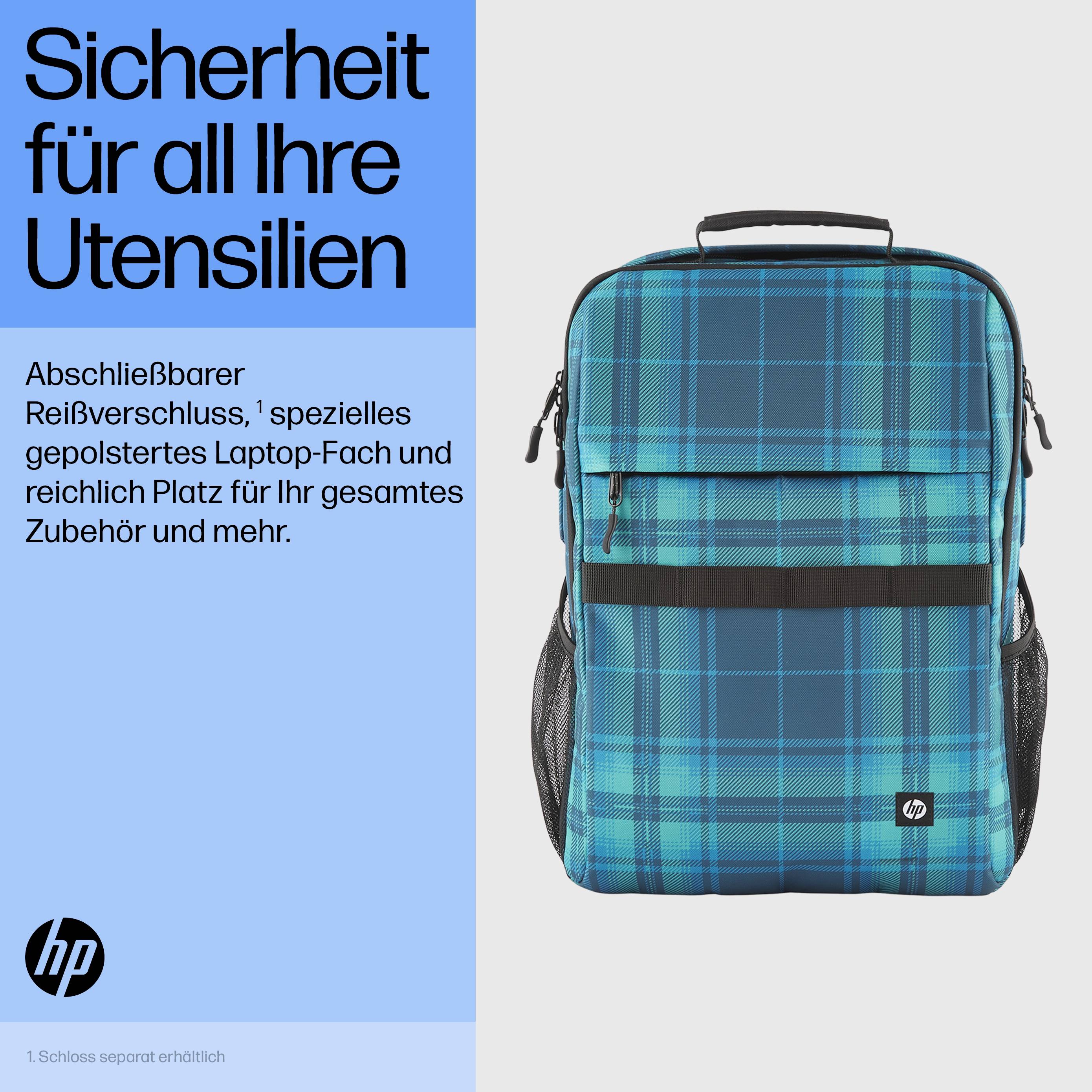 Batoh s modrým kostkovaným vzorem, uzamykatelný zip, polstrované pouzdro na notebook, dostatek místa pro příslušenství.