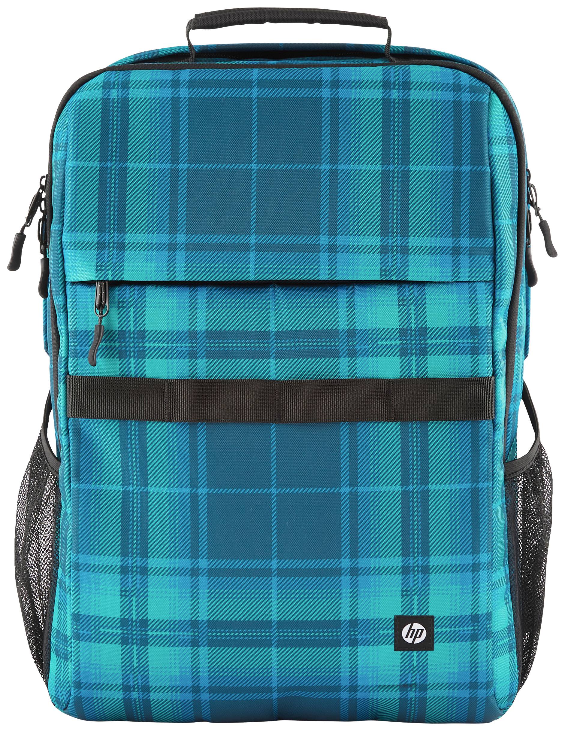 Modrý kostkovaný batoh na notebook s černou rukojetí a černými zipy, logo značky v pravém dolním rohu.