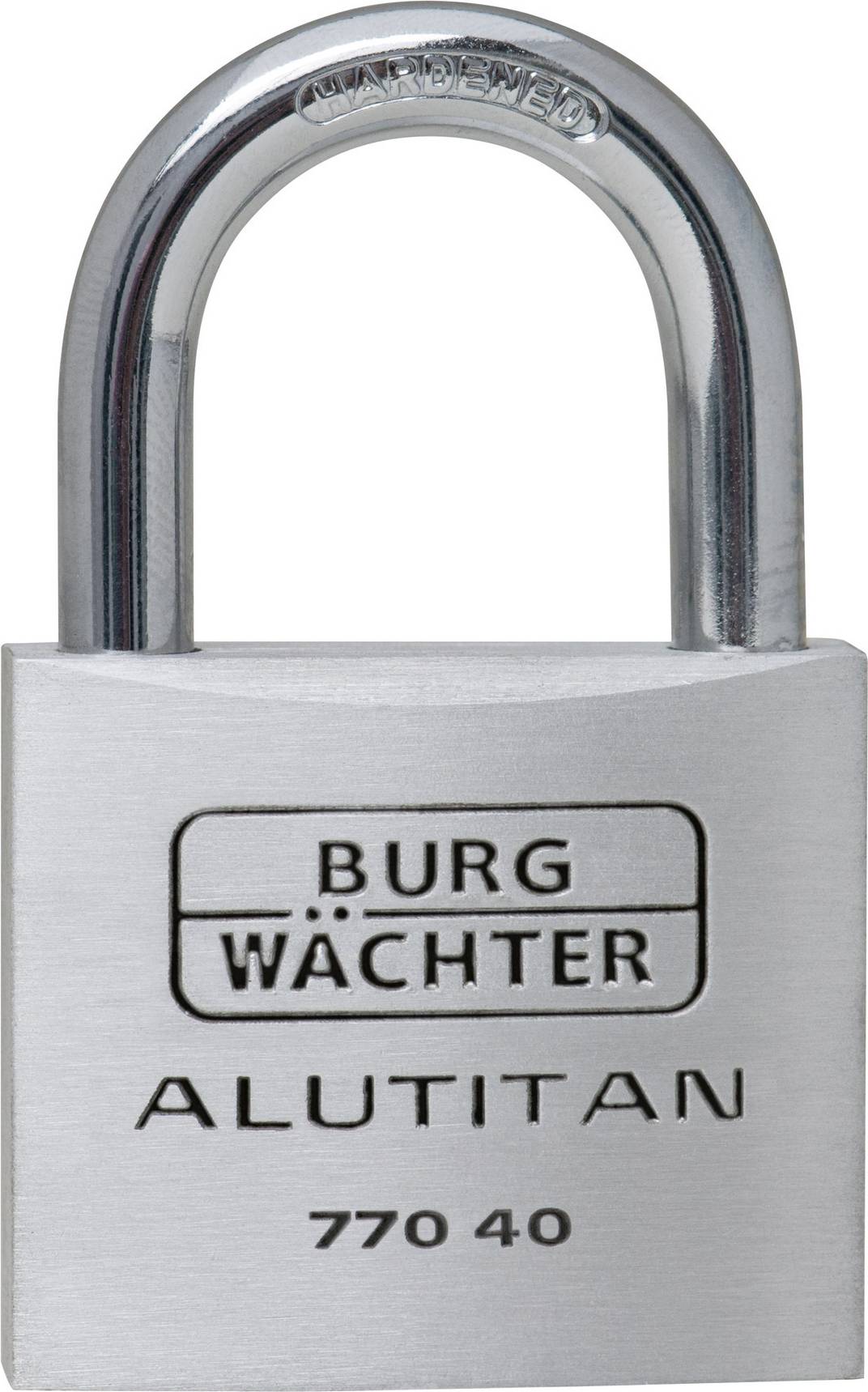 Stříbrný visací zámek značky 'Burg Wächter Alutitan'.