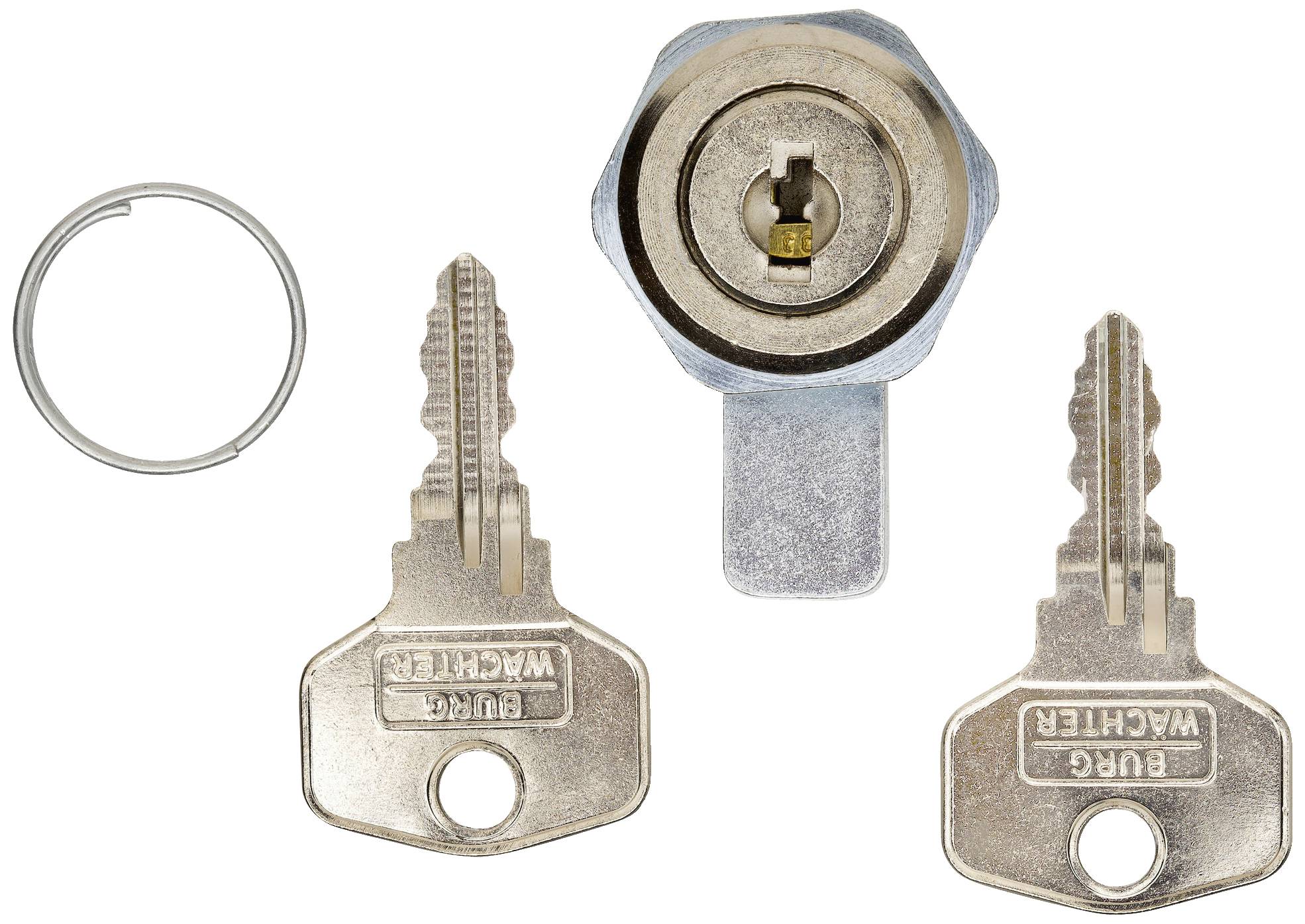 Dva podobné klíče a válcový zámek s pojistkou, vedle nich kovový kroužek. Všechny části zřejmě patří k jedné sadě zámku.