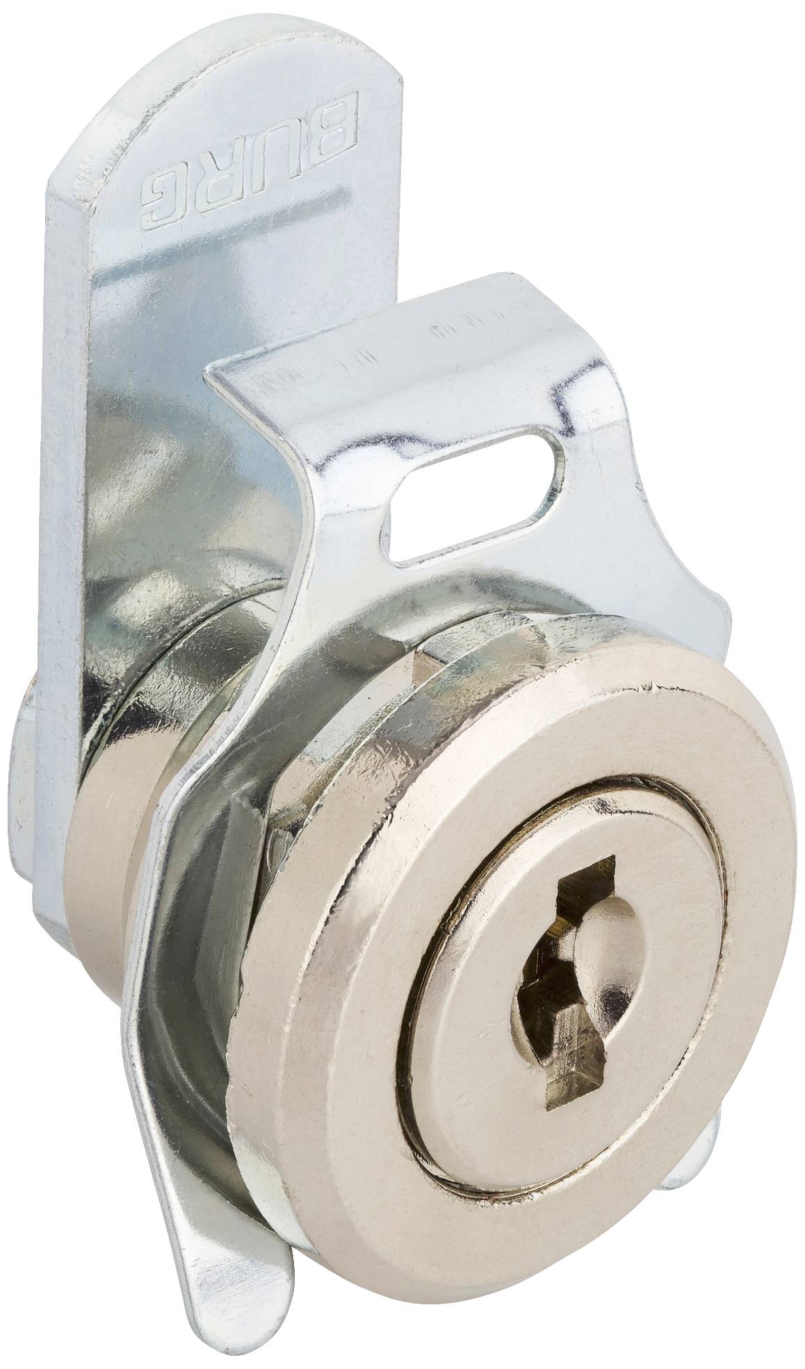 Stříbrný a zlatý nábytkový zámek s kulatým mechanismem zavírání, vhodný pro skříně nebo zásuvky.
